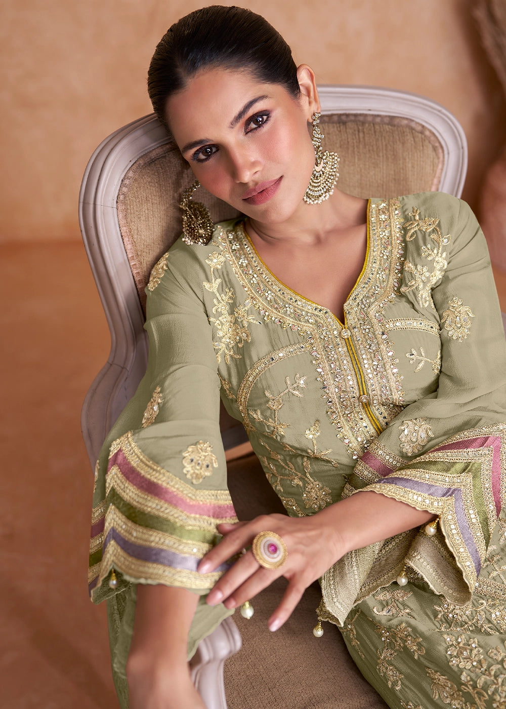 Tea Green Palazzo Suit In Chinon Silk Featuring Detailed Embroidery
