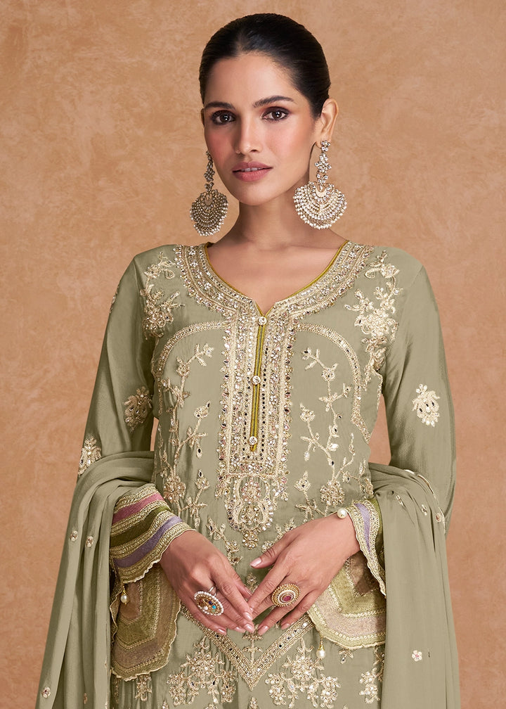 Tea Green Palazzo Suit In Chinon Silk Featuring Detailed Embroidery