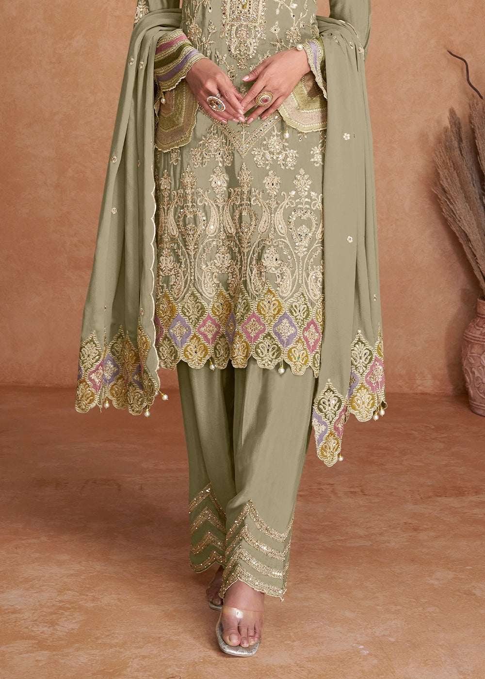 Tea Green Palazzo Suit In Chinon Silk Featuring Detailed Embroidery