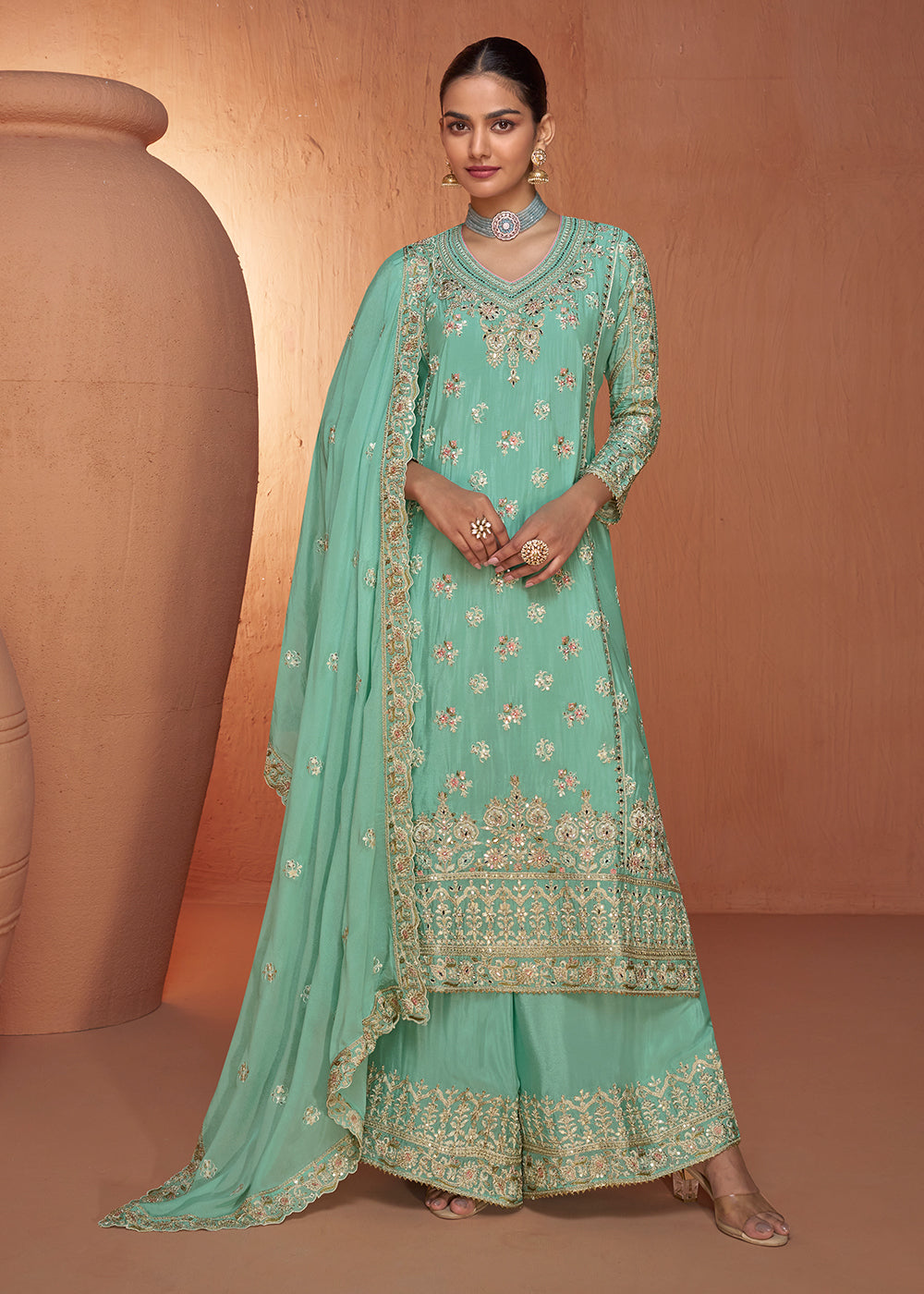 Mint Green Chinon Silk Palazzo Suit with Handcrafted Embroidery