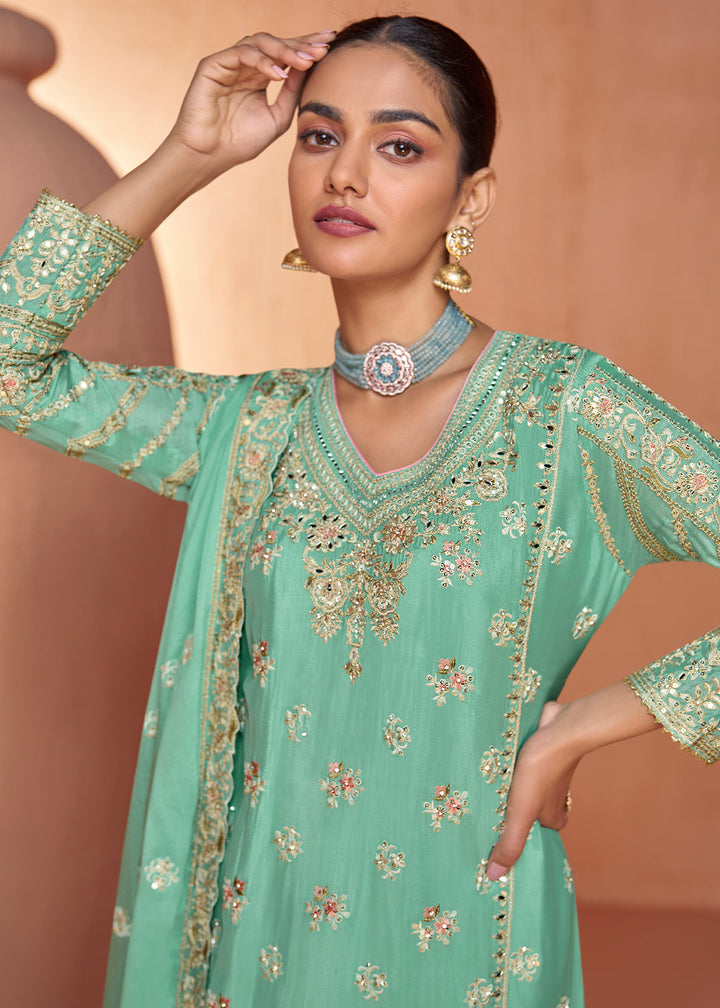 Mint Green Chinon Silk Palazzo Suit with Handcrafted Embroidery