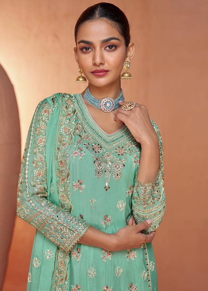 Mint Green Chinon Silk Palazzo Suit with Handcrafted Embroidery