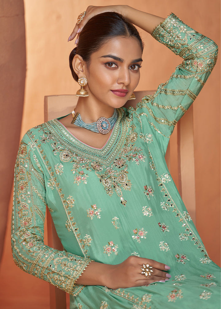 Mint Green Chinon Silk Palazzo Suit with Handcrafted Embroidery