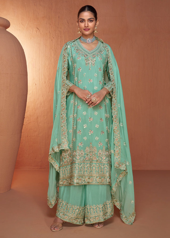 Mint Green Chinon Silk Palazzo Suit with Handcrafted Embroidery