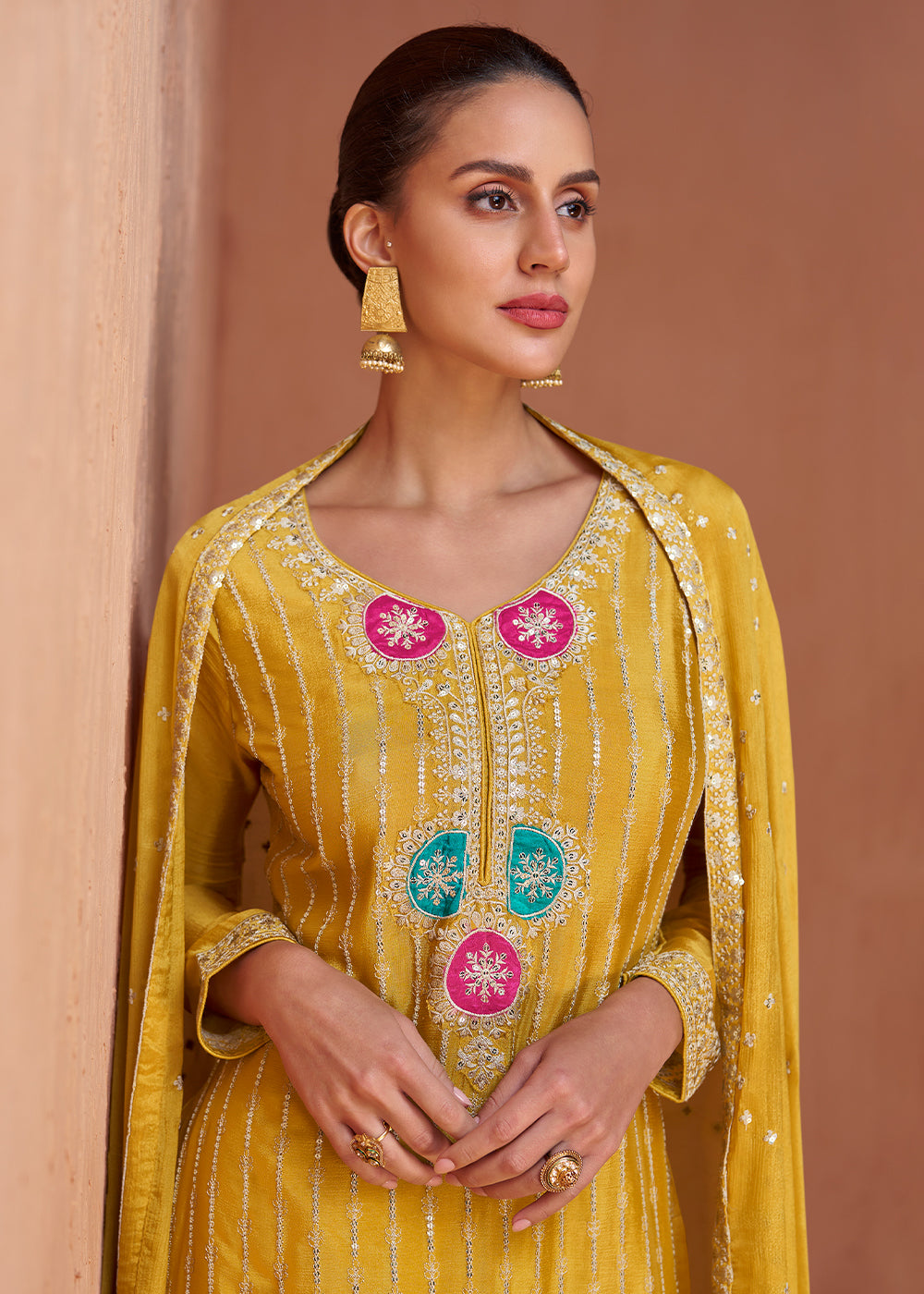 Mustard Yellow Chinon Silk Palazzo Suit with Handcrafted Embroidery