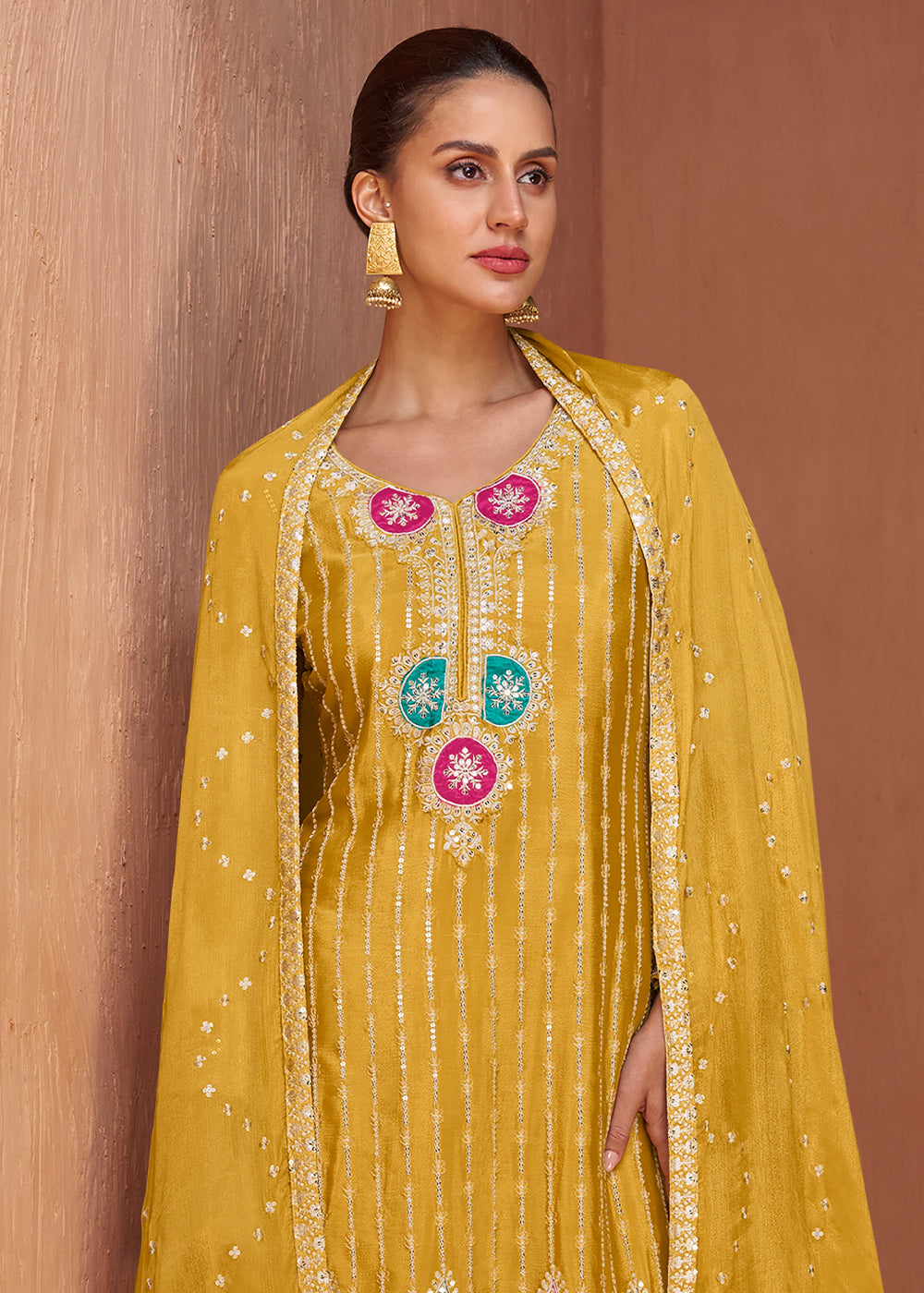 Mustard Yellow Chinon Silk Palazzo Suit with Handcrafted Embroidery