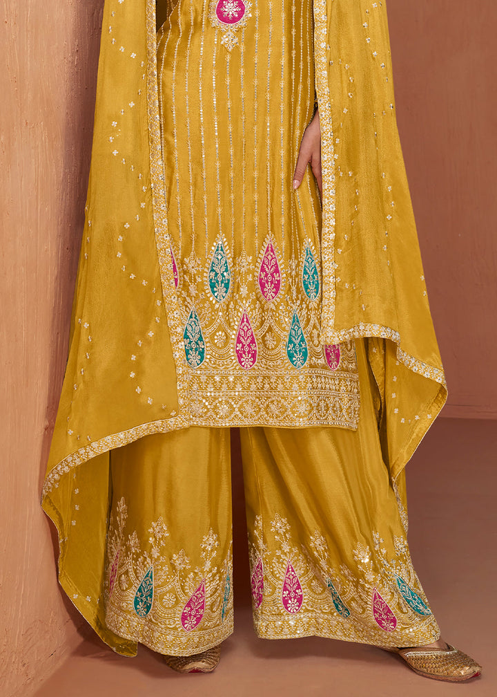 Mustard Yellow Chinon Silk Palazzo Suit with Handcrafted Embroidery