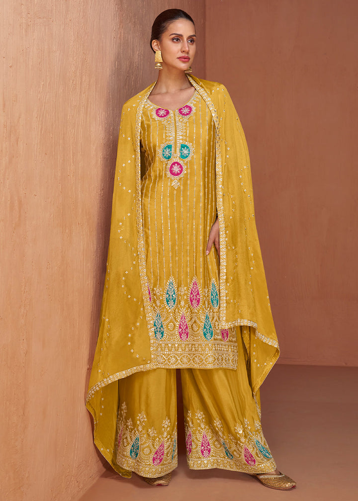 Mustard Yellow Chinon Silk Palazzo Suit with Handcrafted Embroidery