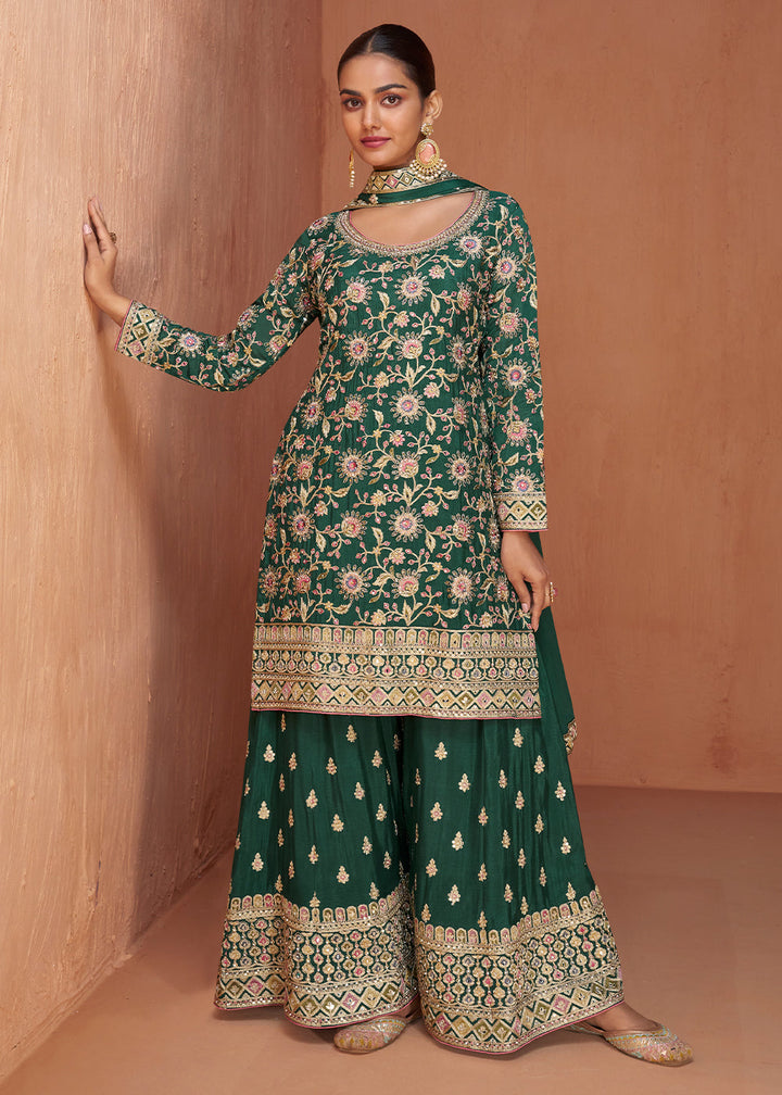 Phthalo Green Chinon Silk Palazzo Suit with Handcrafted Embroidery