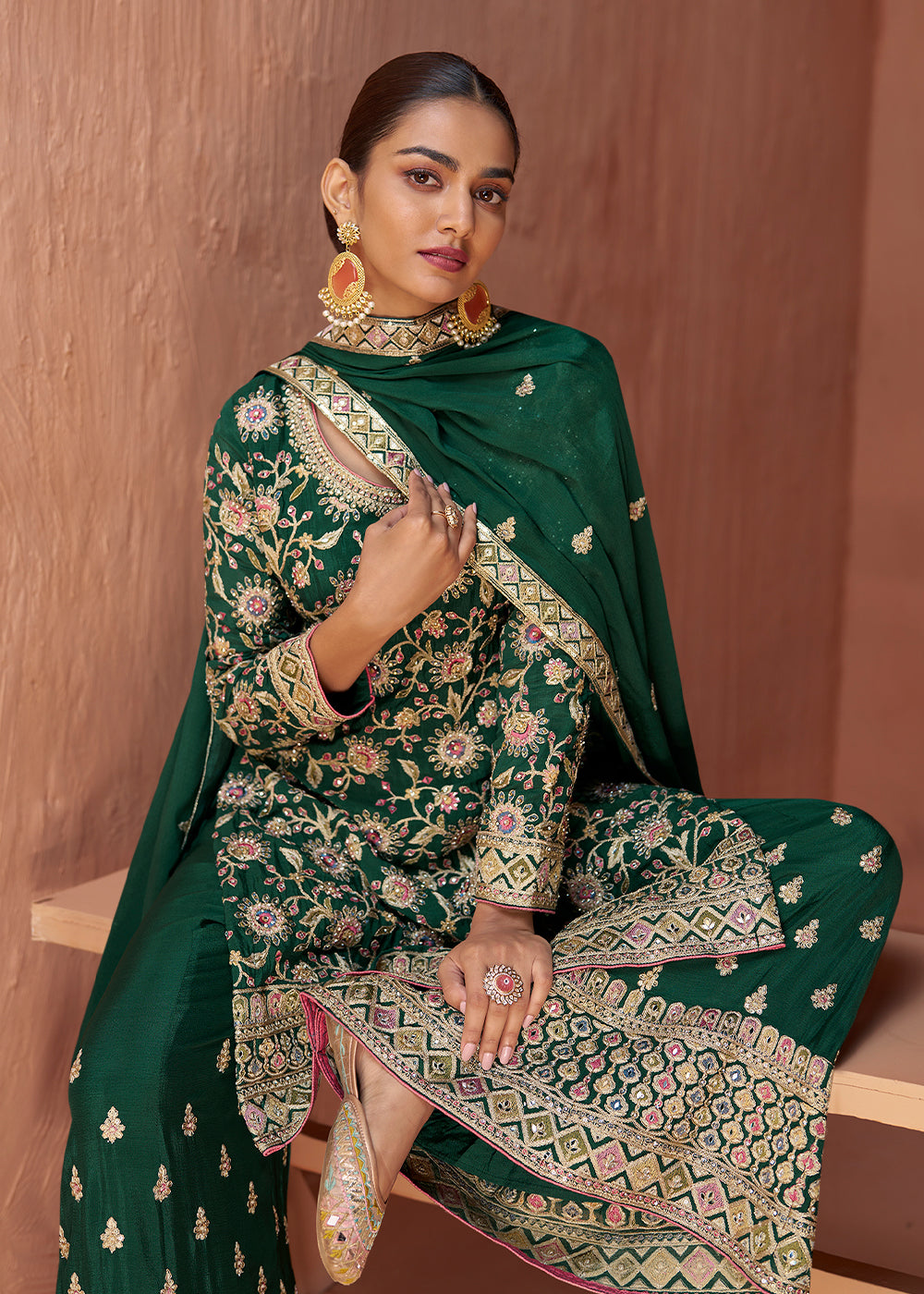 Phthalo Green Chinon Silk Palazzo Suit with Handcrafted Embroidery