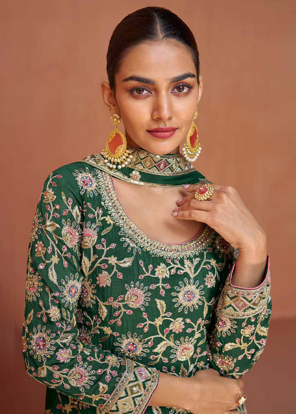 Phthalo Green Chinon Silk Palazzo Suit with Handcrafted Embroidery