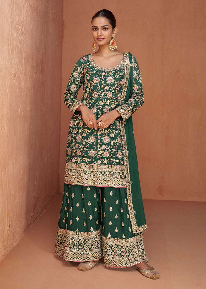 Phthalo Green Chinon Silk Palazzo Suit with Handcrafted Embroidery