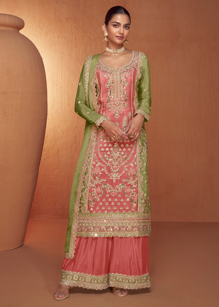 Green & Yellow Gradient Palazzo Suit in Chinon Silk with Fine Embroidery