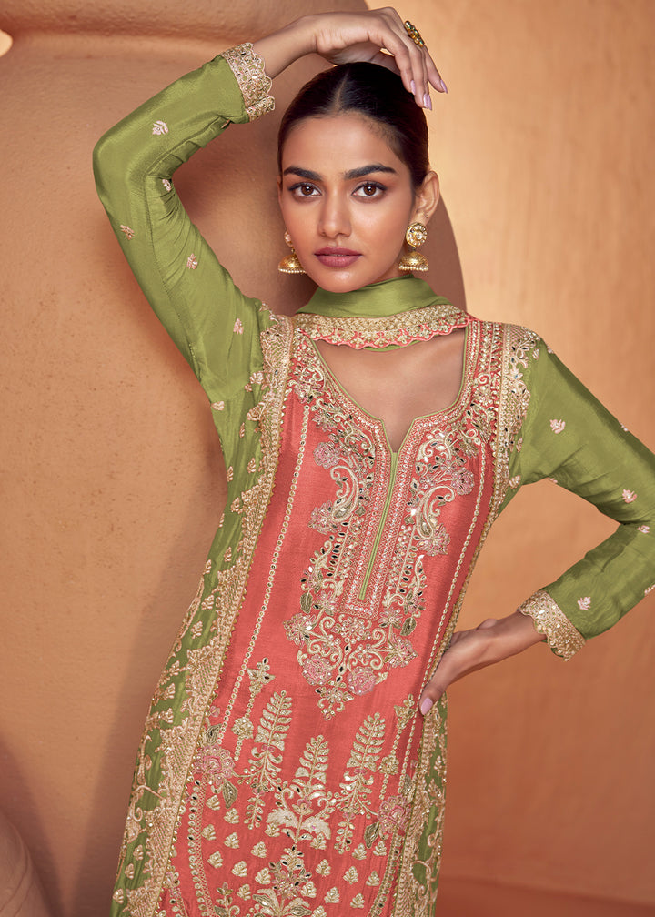 Green & Yellow Gradient Palazzo Suit in Chinon Silk with Fine Embroidery