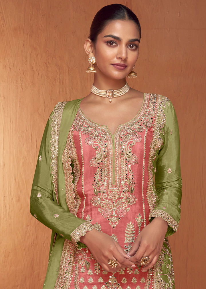 Green & Yellow Gradient Palazzo Suit in Chinon Silk with Fine Embroidery