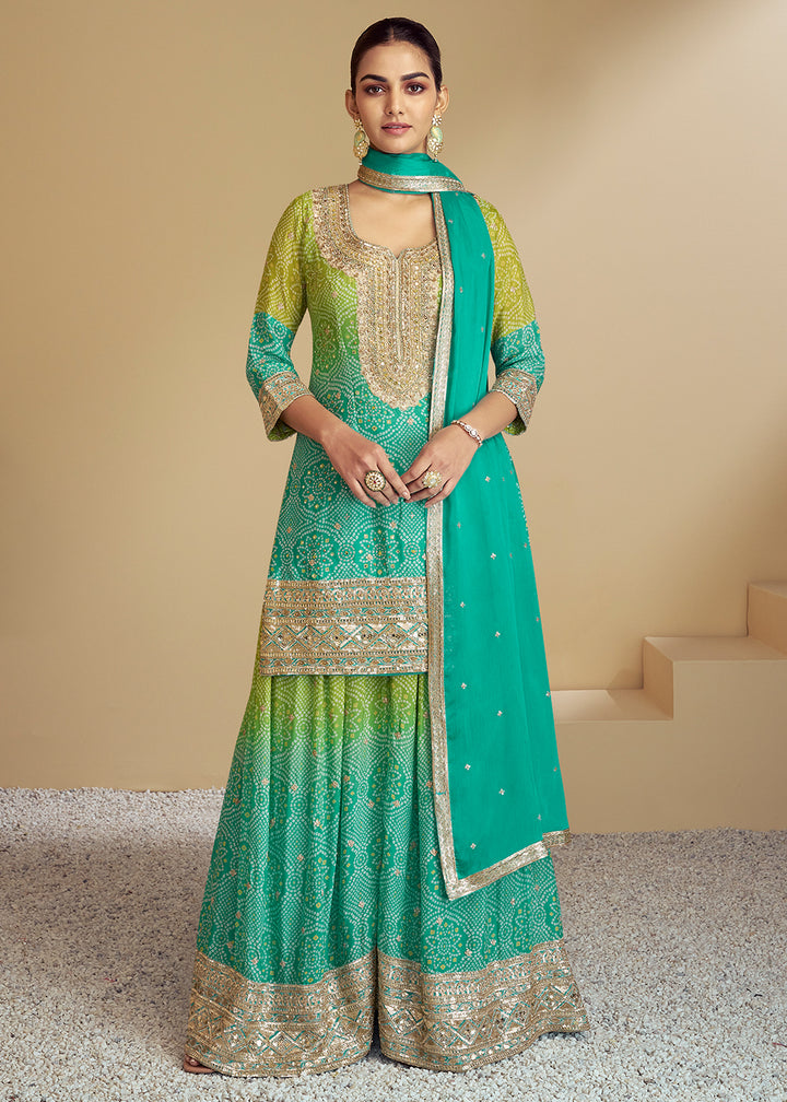 Dual-Tone Green and Blue Palazzo Set with Bandhani Art on Chinon Silk