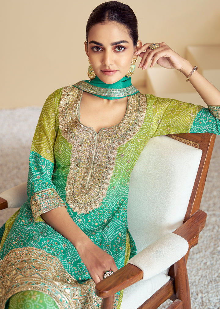 Dual-Tone Green and Blue Palazzo Set with Bandhani Art on Chinon Silk