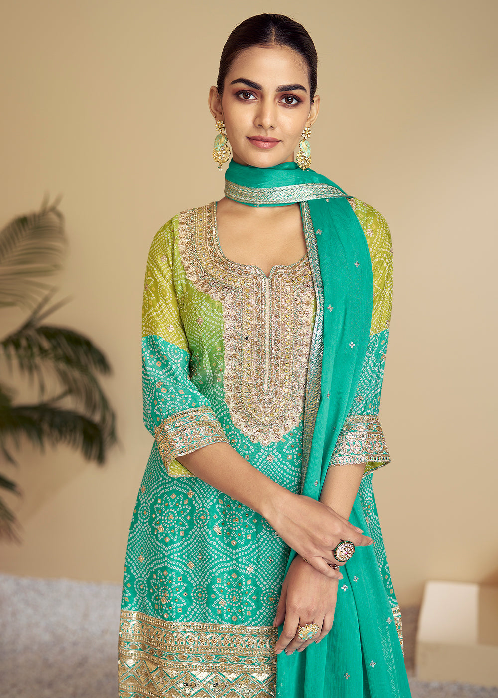 Dual-Tone Green and Blue Palazzo Set with Bandhani Art on Chinon Silk