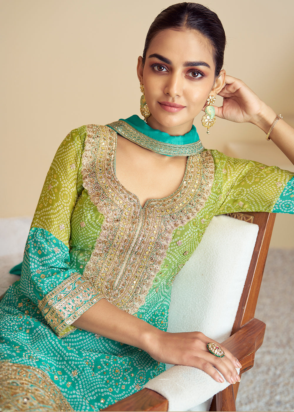 Dual-Tone Green and Blue Palazzo Set with Bandhani Art on Chinon Silk