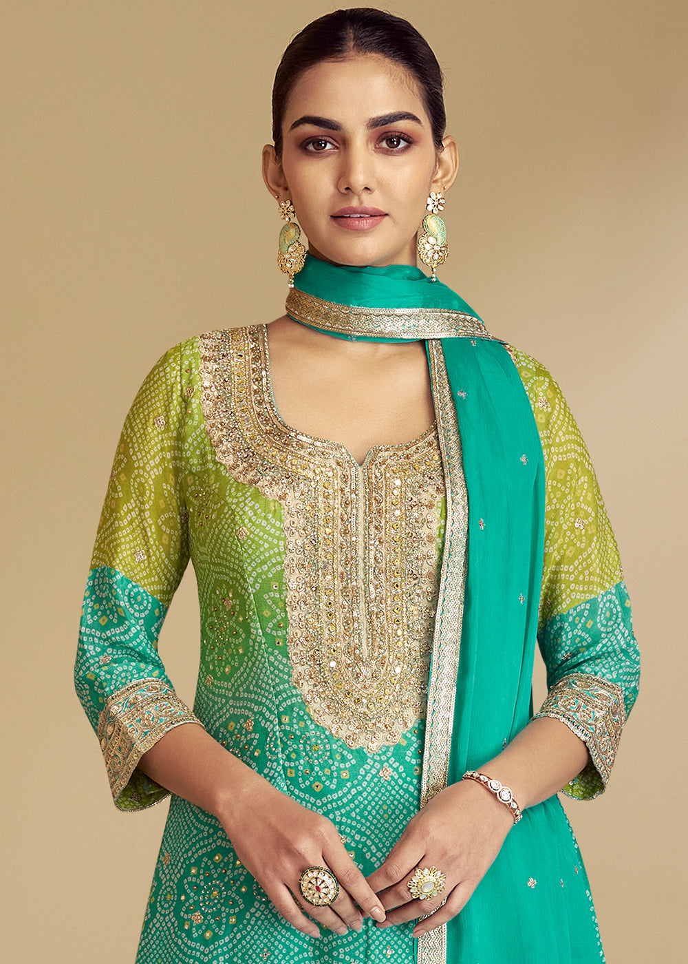 Dual-Tone Green and Blue Palazzo Set with Bandhani Art on Chinon Silk