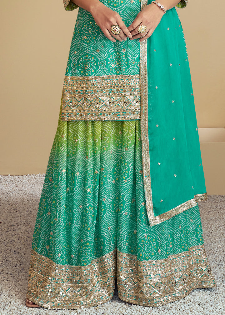 Dual-Tone Green and Blue Palazzo Set with Bandhani Art on Chinon Silk