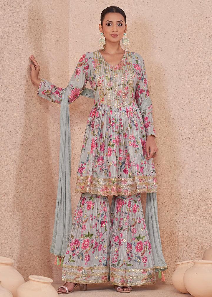 Sky Blue Floral Print Chinon Silk Palazzo Suit with Fine Embroidery