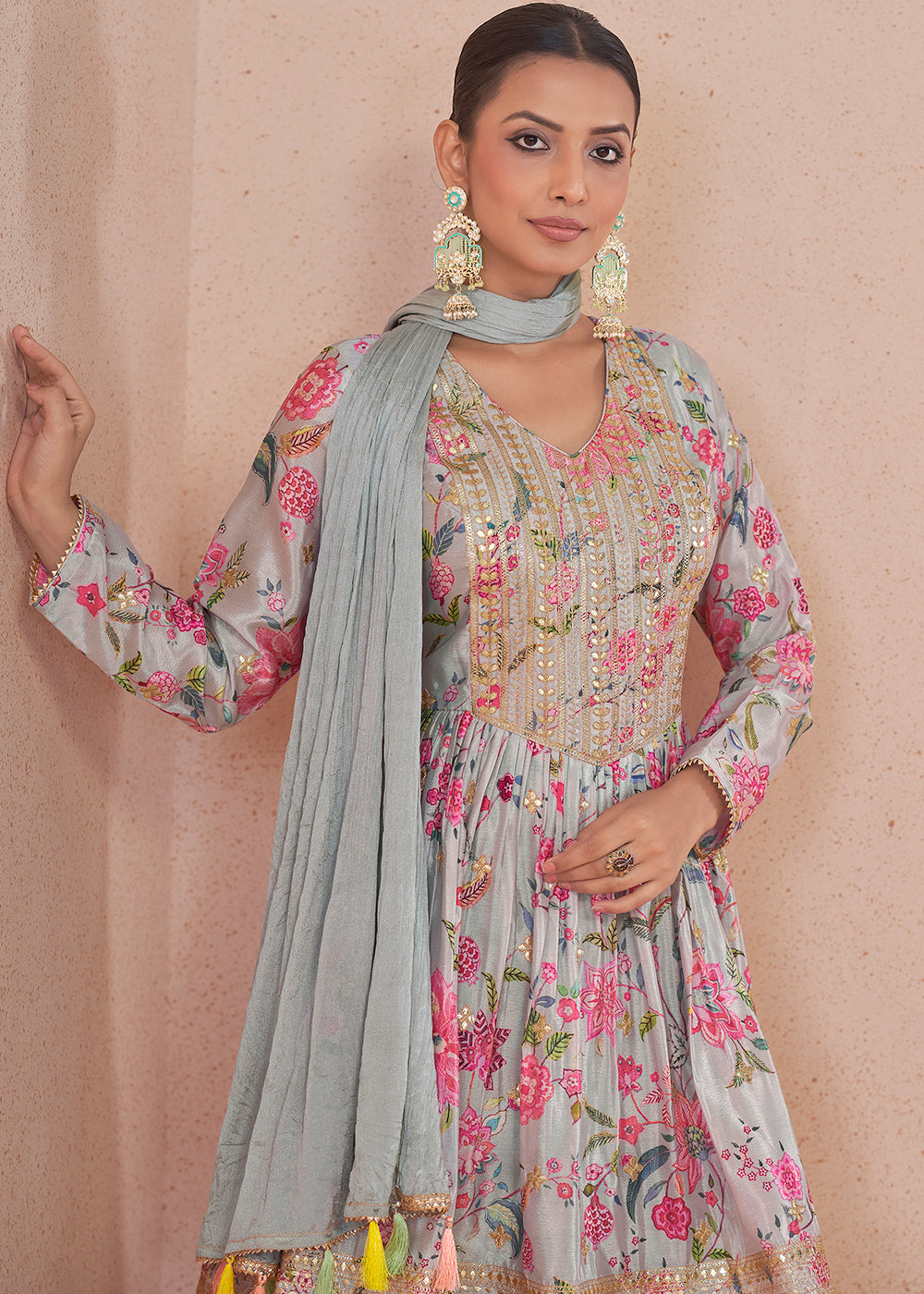 Sky Blue Floral Print Chinon Silk Palazzo Suit with Fine Embroidery