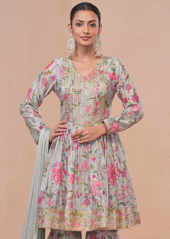 Sky Blue Floral Print Chinon Silk Palazzo Suit with Fine Embroidery