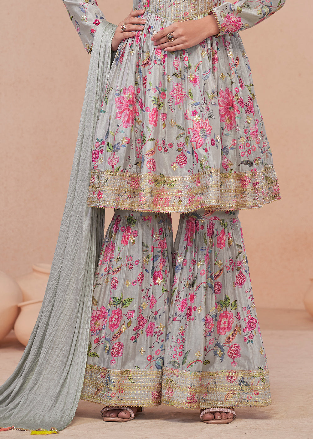 Sky Blue Floral Print Chinon Silk Palazzo Suit with Fine Embroidery