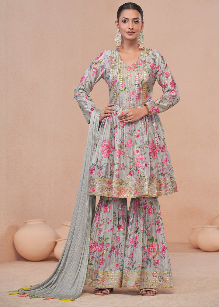 Sky Blue Floral Print Chinon Silk Palazzo Suit with Fine Embroidery