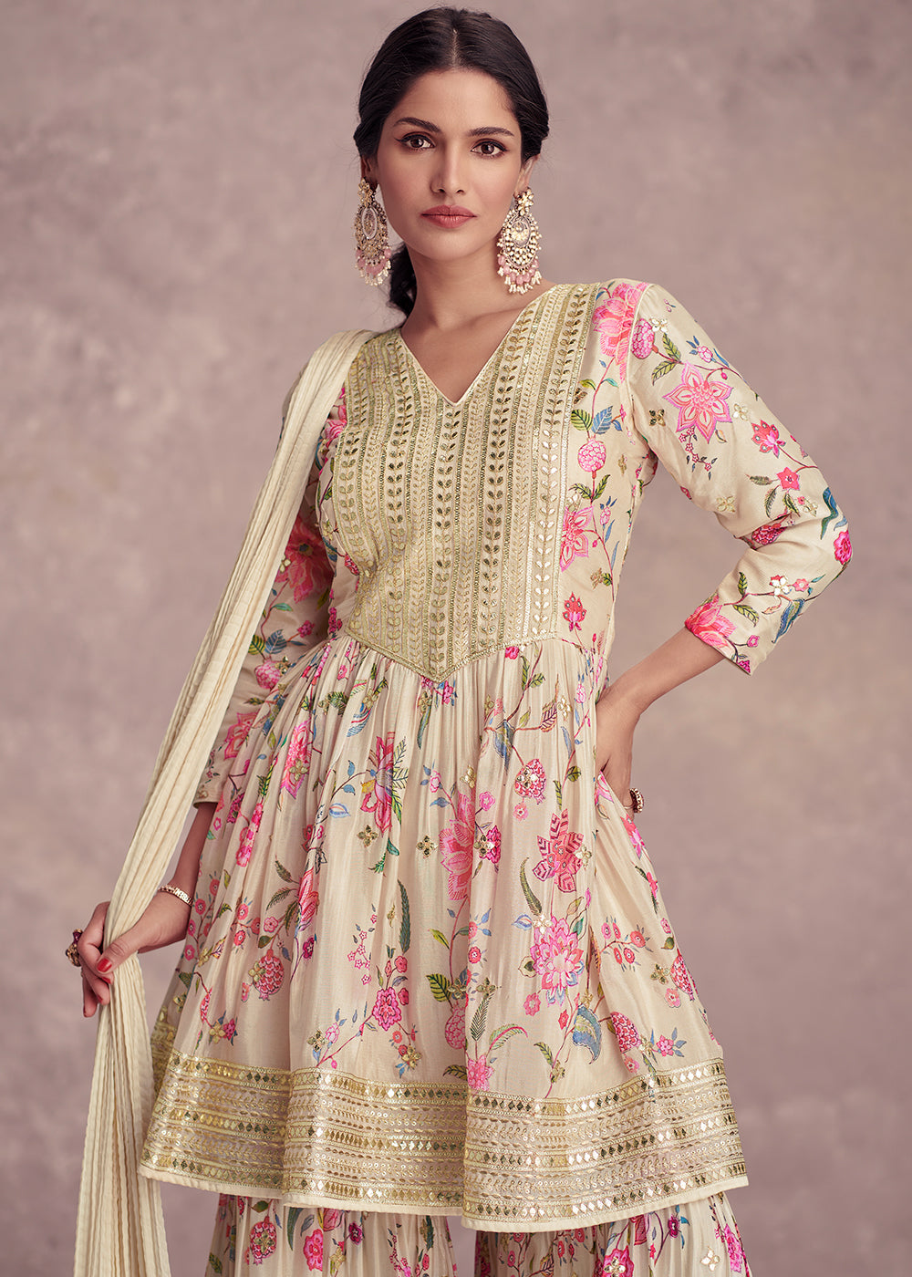 Blonde Yellow Floral Print Chinon Silk Palazzo Suit with Fine Embroidery