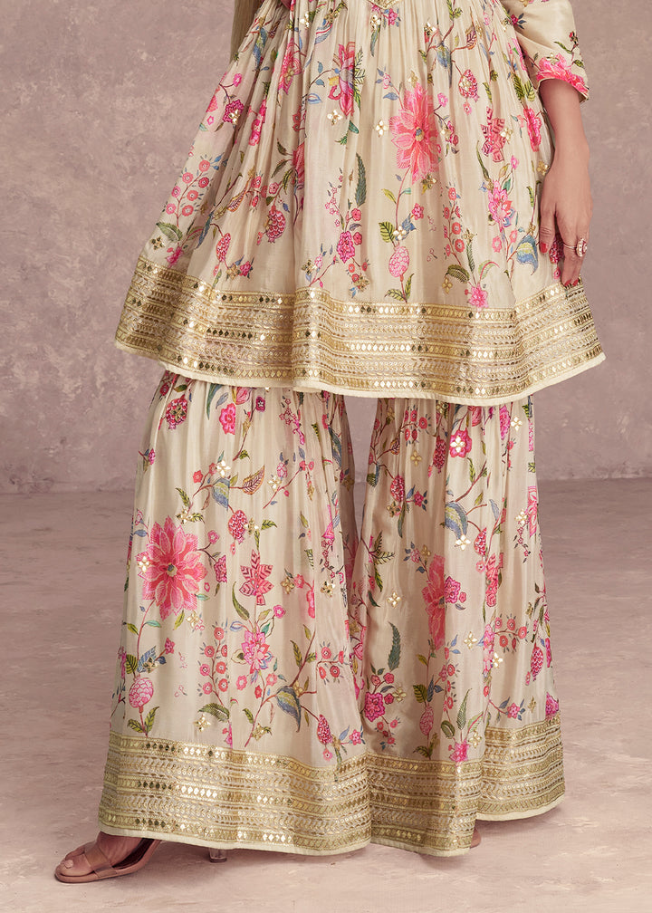 Blonde Yellow Floral Print Chinon Silk Palazzo Suit with Fine Embroidery