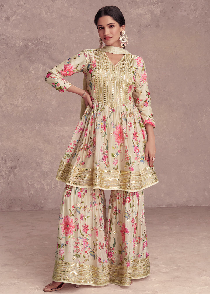 Blonde Yellow Floral Print Chinon Silk Palazzo Suit with Fine Embroidery