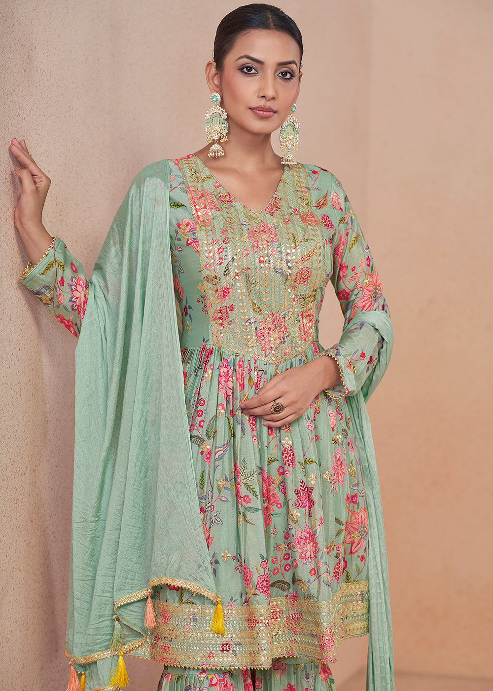 Light Green Floral Print Chinon Silk Palazzo Suit with Fine Embroidery