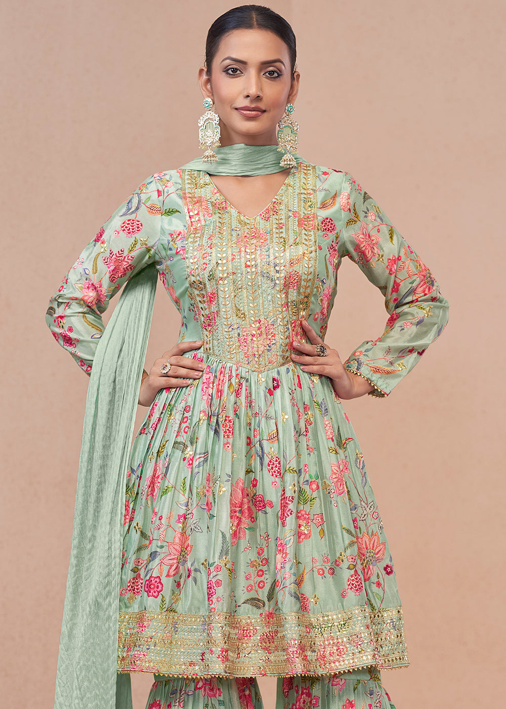 Light Green Floral Print Chinon Silk Palazzo Suit with Fine Embroidery