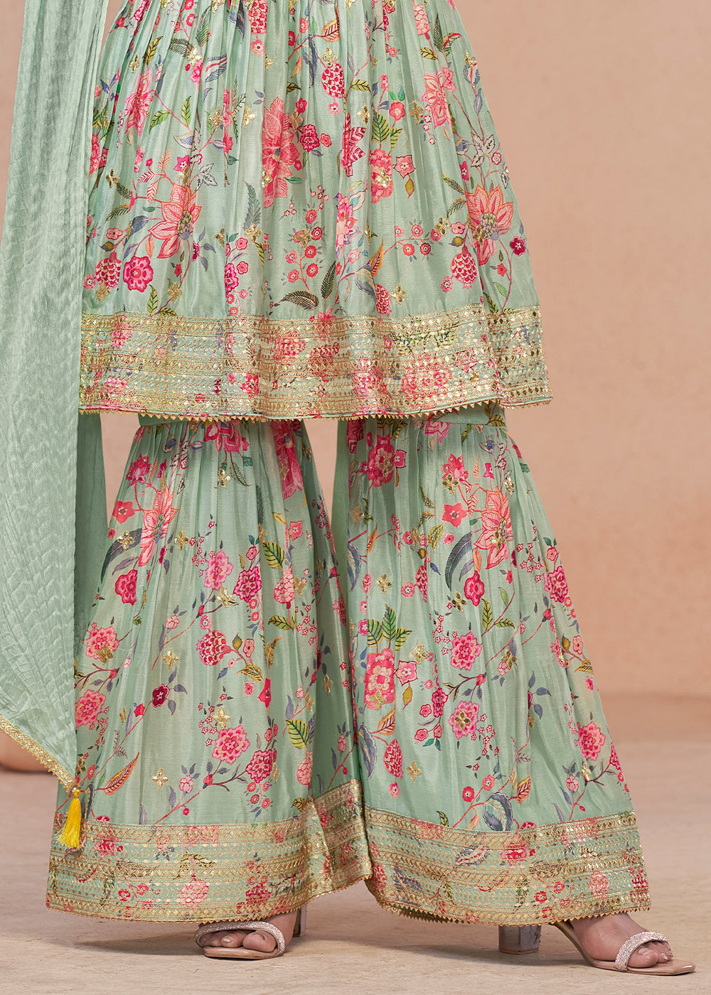 Light Green Floral Print Chinon Silk Palazzo Suit with Fine Embroidery