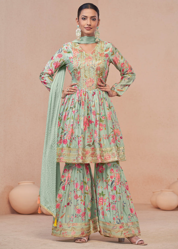 Light Green Floral Print Chinon Silk Palazzo Suit with Fine Embroidery