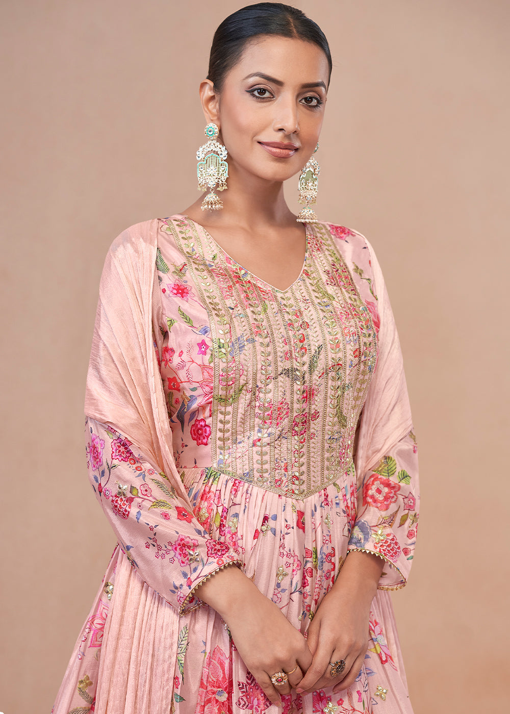 Baby Pink Floral Print Chinon Silk Palazzo Suit with Fine Embroidery