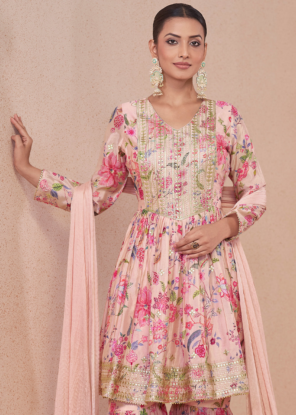 Baby Pink Floral Print Chinon Silk Palazzo Suit with Fine Embroidery