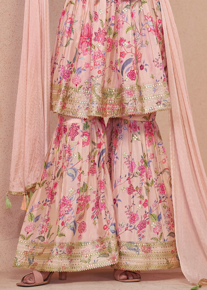 Baby Pink Floral Print Chinon Silk Palazzo Suit with Fine Embroidery