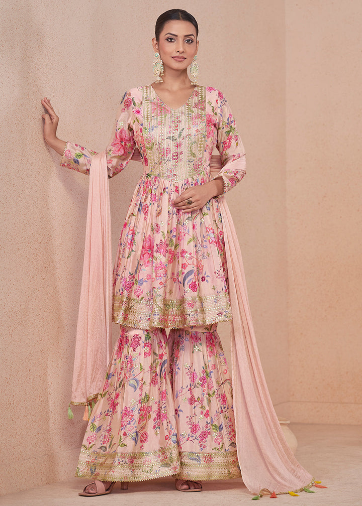 Baby Pink Floral Print Chinon Silk Palazzo Suit with Fine Embroidery