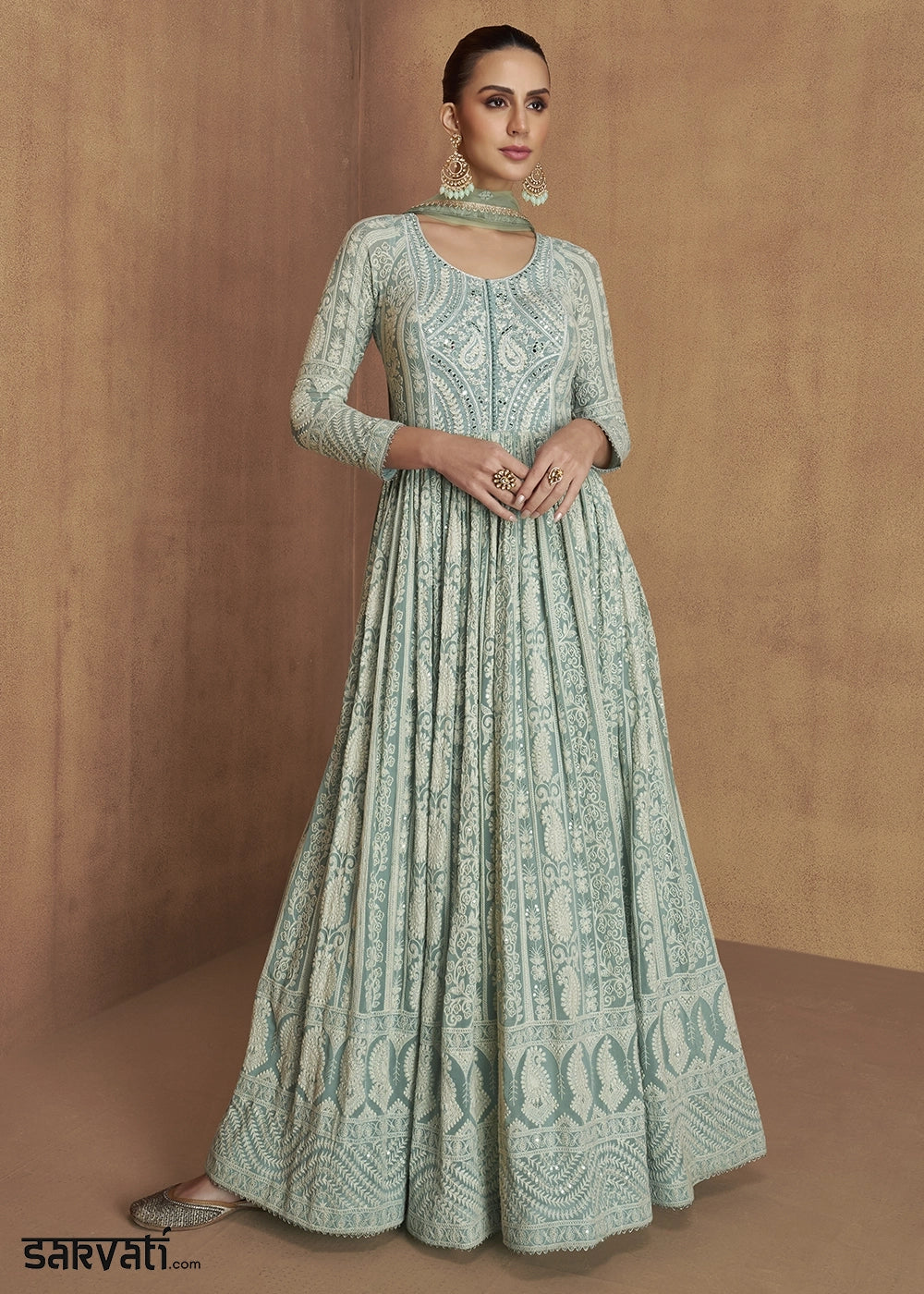 Light Cyan Blue Intricately Embroidered Georgette Anarkali Suit