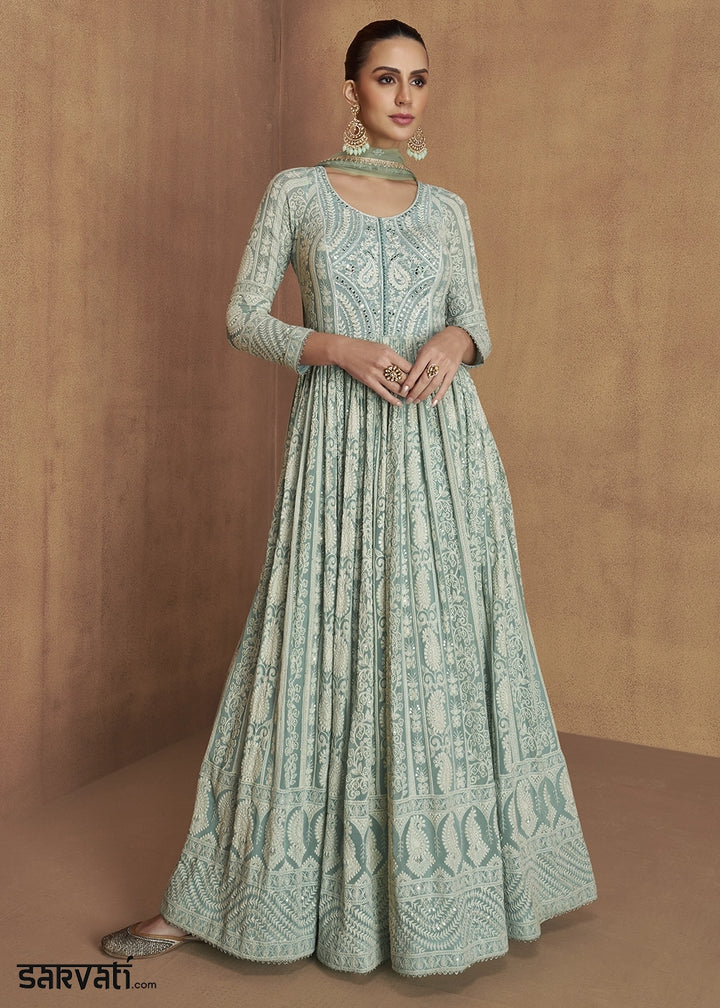 Light Cyan Blue Intricately Embroidered Georgette Anarkali Suit