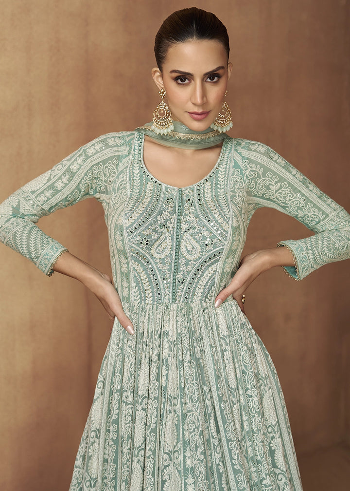 Light Cyan Blue Intricately Embroidered Georgette Anarkali Suit