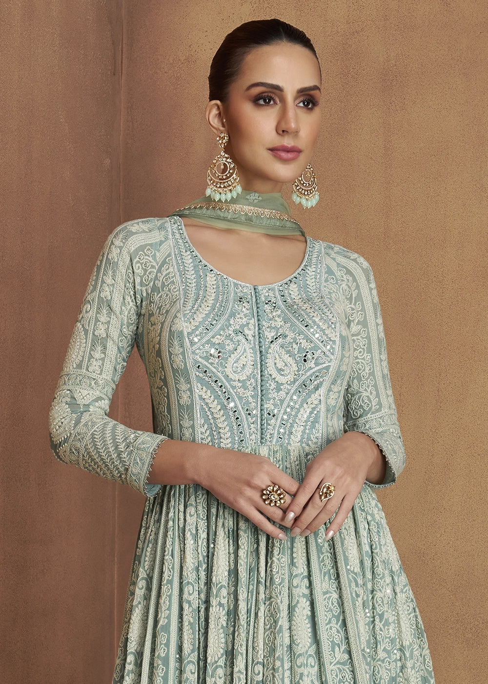 Light Cyan Blue Intricately Embroidered Georgette Anarkali Suit