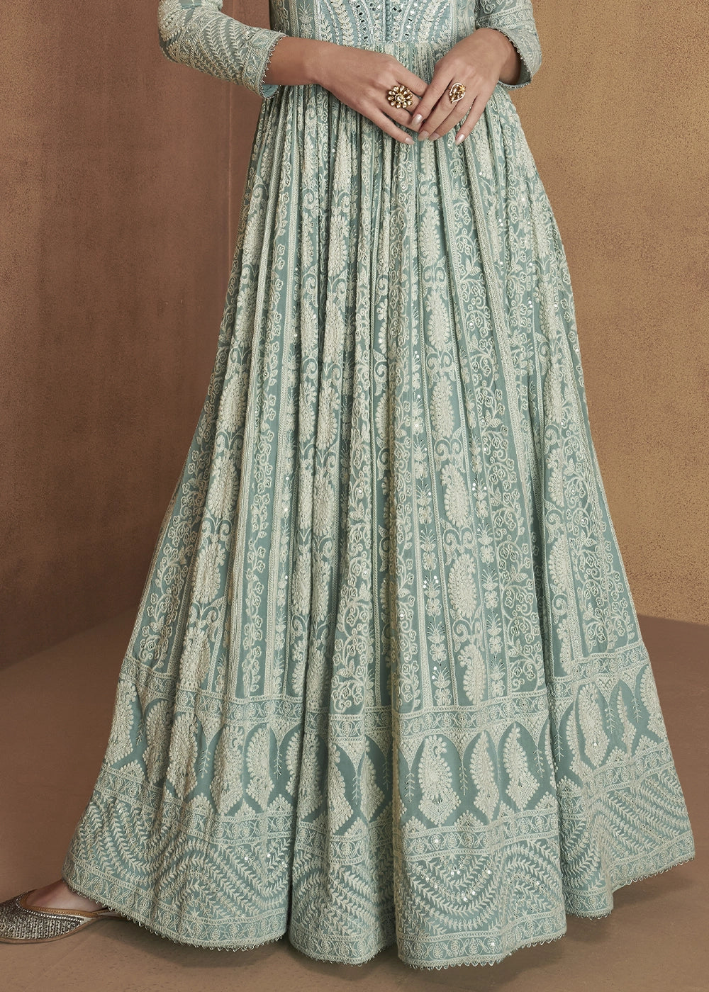 Light Cyan Blue Intricately Embroidered Georgette Anarkali Suit