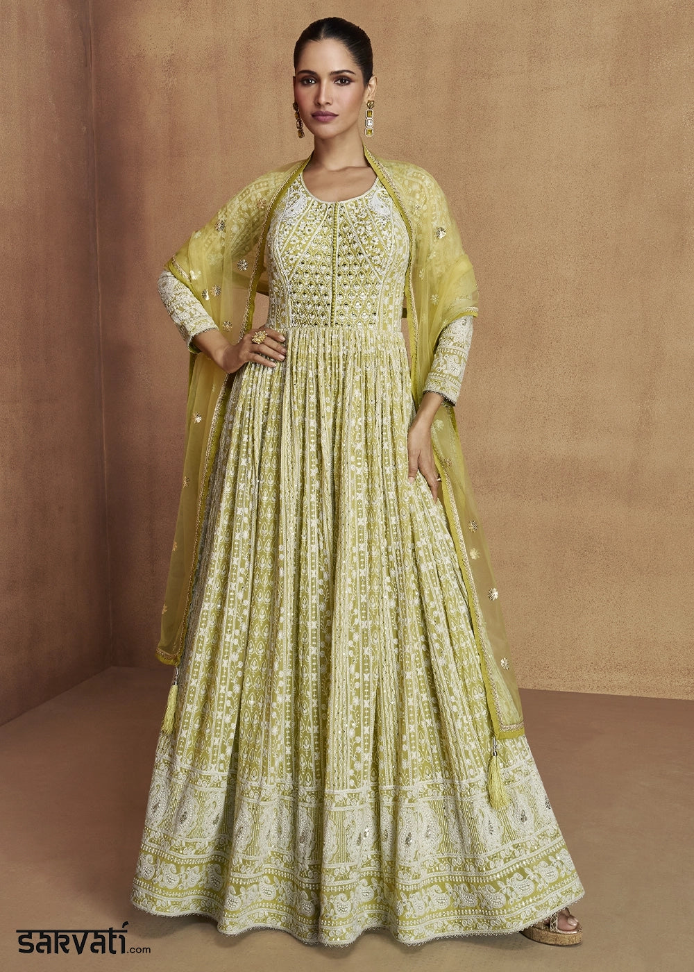 Pear Green Intricately Embroidered Georgette Anarkali Suit