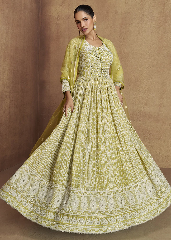 Pear Green Intricately Embroidered Georgette Anarkali Suit