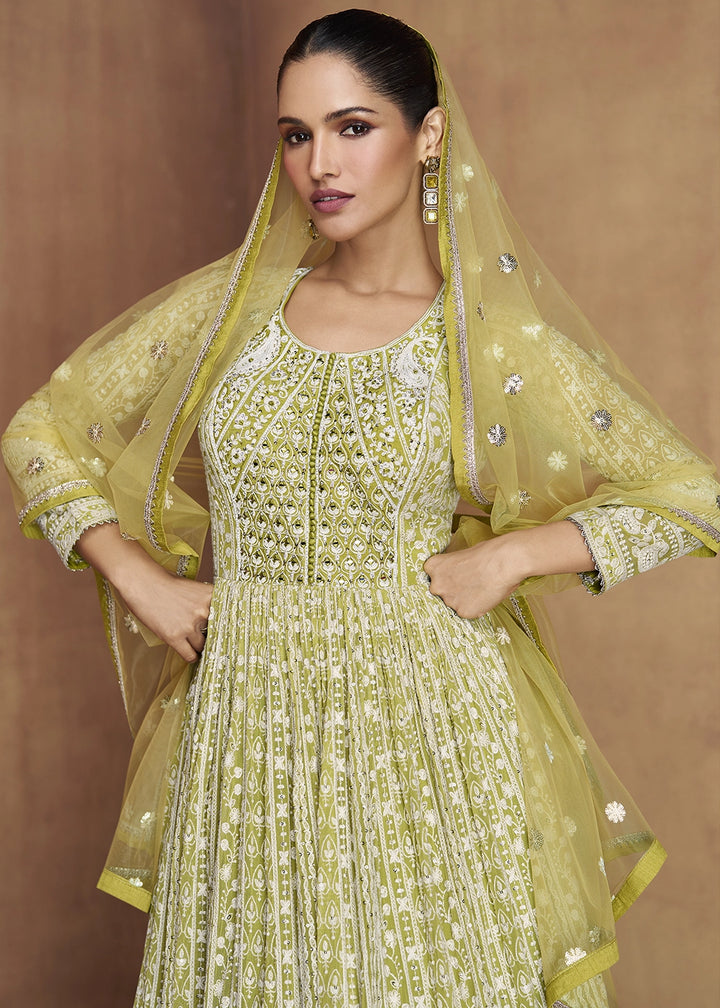 Pear Green Intricately Embroidered Georgette Anarkali Suit