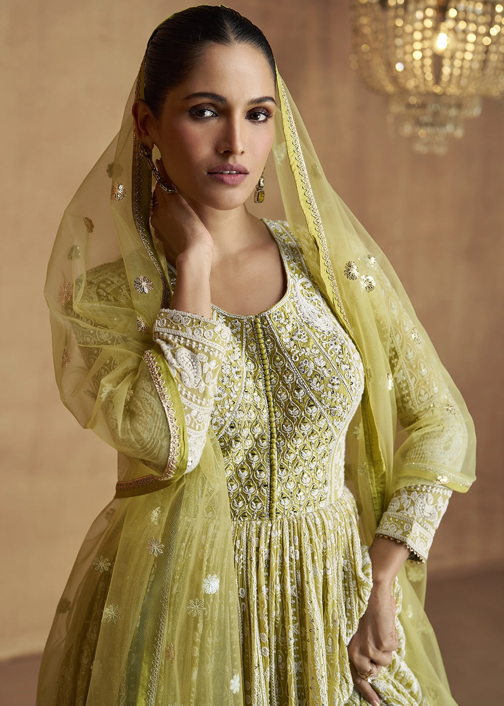 Pear Green Intricately Embroidered Georgette Anarkali Suit